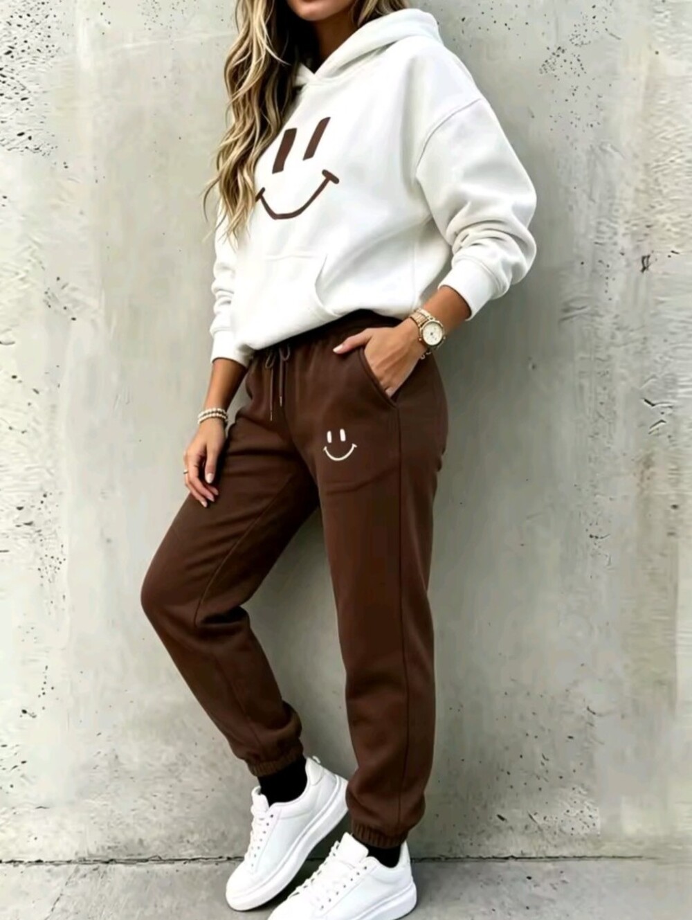 Women's Smile Face Print 2 Piece  Tracksuit Set